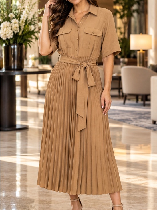 Nina Leonard Dresses & Skirts - Nina Leonard Tan Pleated Button Front Belted Midi Shirt Dress M
